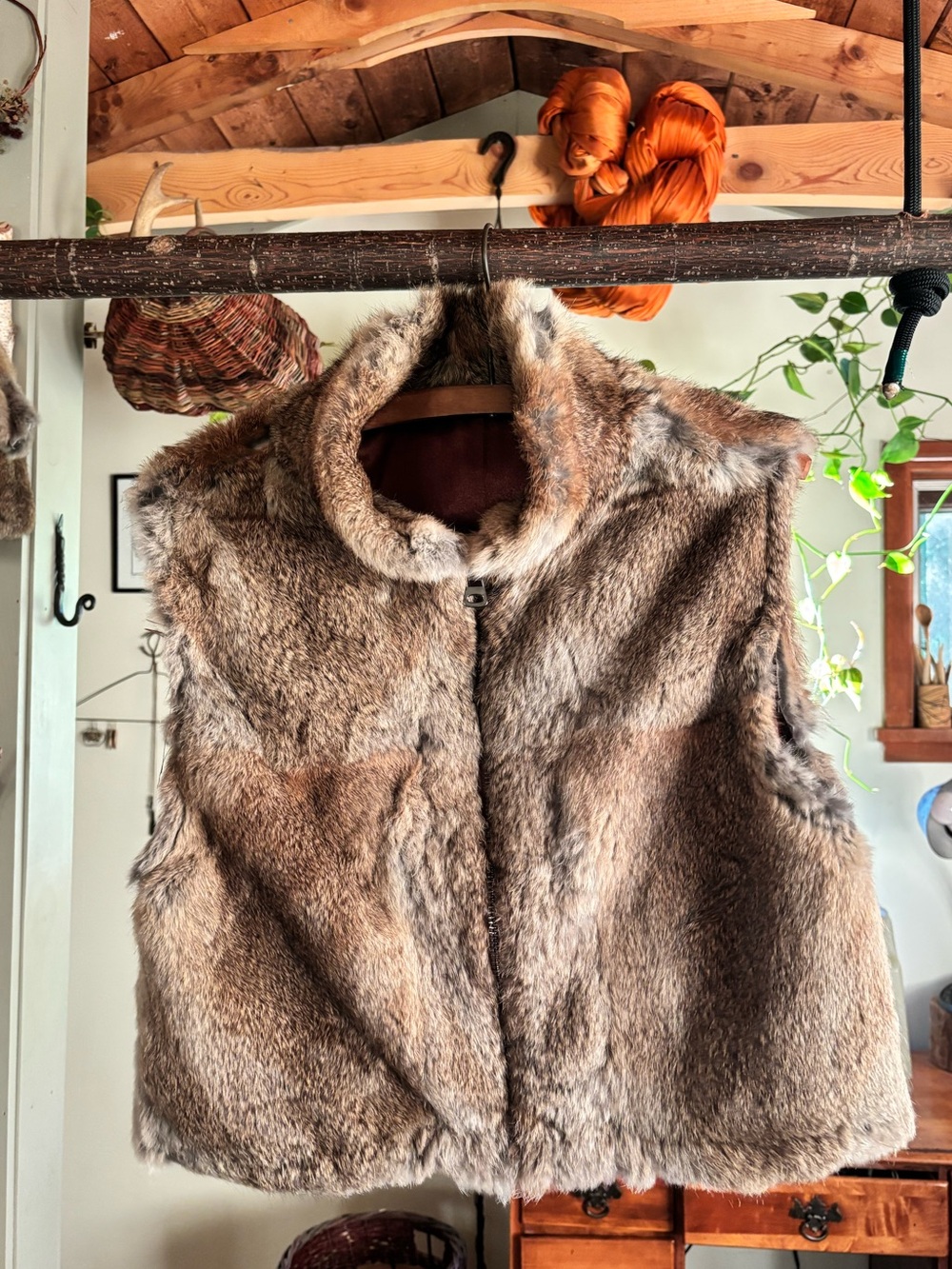 Vintage Rabbit Fur Vest. Maroon satin lining.